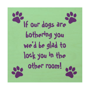 Purple and Mint Funny Dog Humor Visitors Warning Wood Wall Art