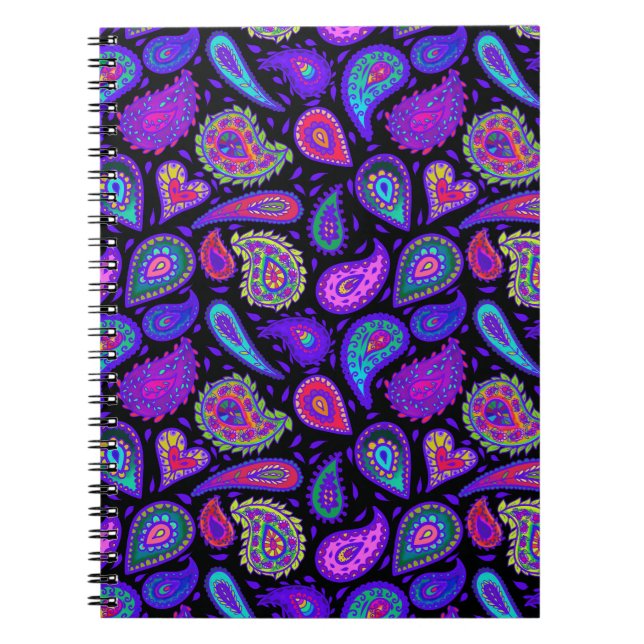 Purple and Multicolor Paisley on Black Beautiful Notebook (Front)