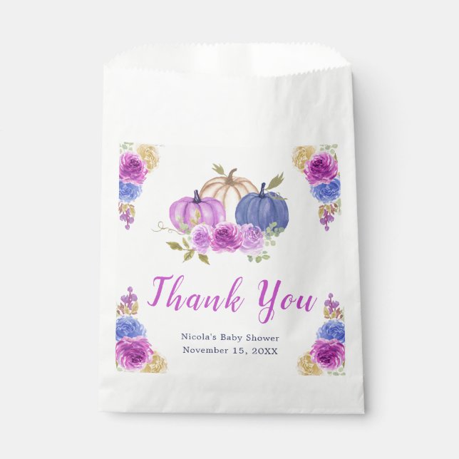 Purple and Navy Blue Floral Pumpkins Baby Shower Favor Bag (Front)
