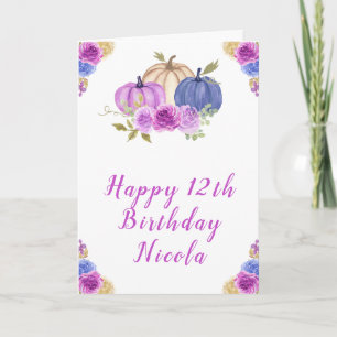 Purple and Navy Blue Floral Pumpkins Birthday Card