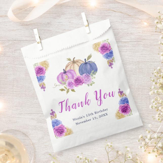 Purple and Navy Blue Floral Pumpkins Birthday Favor Bag (Clipped)