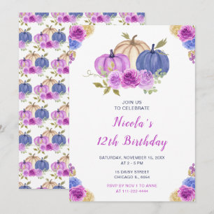 Purple and Navy Blue Floral Pumpkins Birthday Invitation