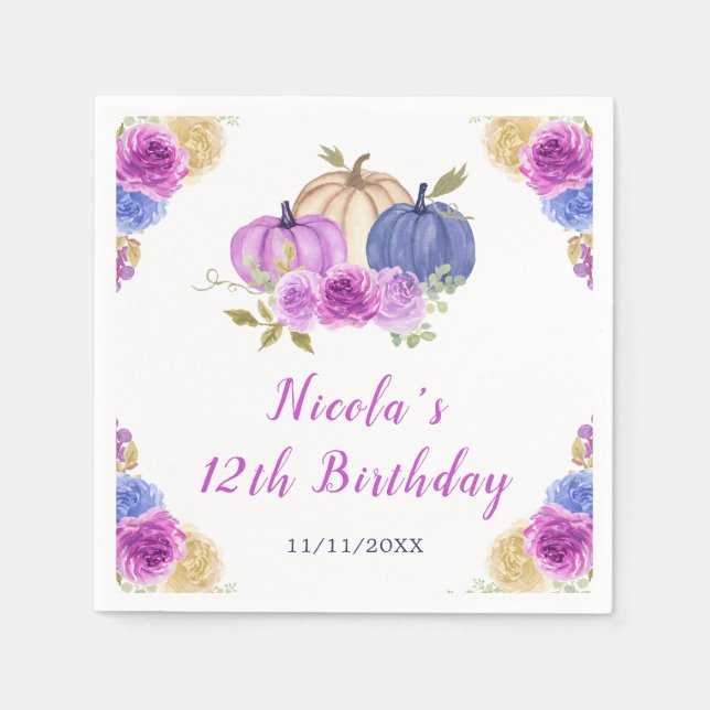 Purple and Navy Blue Floral Pumpkins Birthday Napkins (Front)