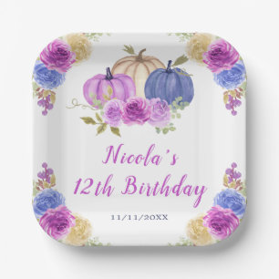 Purple and Navy Blue Floral Pumpkins Birthday Paper Plates