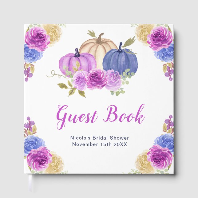 Purple and Navy Blue Floral Pumpkins Bridal Shower Guest Book (Front)