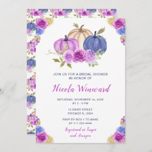 Purple and Navy Blue Floral Pumpkins Bridal Shower Invitation