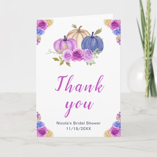 Purple and Navy Blue Floral Pumpkins Bridal Shower Thank You Card (Front)