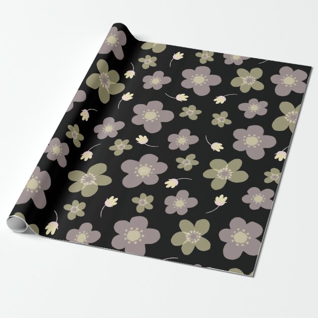 Purple and Olive Green Buttercups Floral on Black Wrapping Paper (Unrolled)