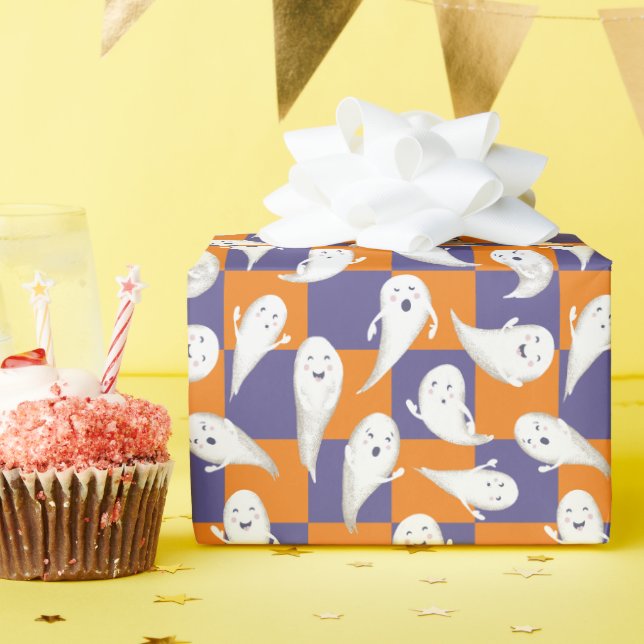 Purple and Orange Checkerboard Ghosts Halloween Wrapping Paper (Birthday Party)