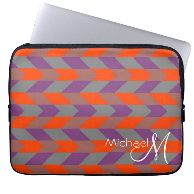 Purple and Orange Chevron Zigzag Custom Monogram Laptop Sleeve (Front)