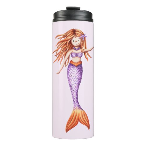 Purple and orange cute mermaid illustrated thermal tumbler