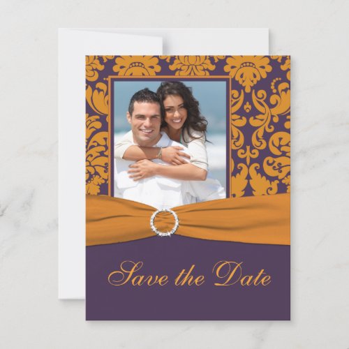Purple and Orange Damask Photo Save the Date