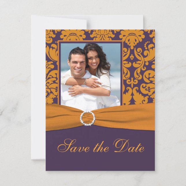 Purple and Orange Damask Photo Save the Date (Front)