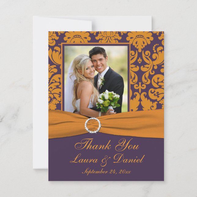 Purple and Orange Damask Photo Thank You Card (Front)