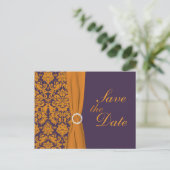 Purple and Orange Damask Save the Date Card (Standing Front)