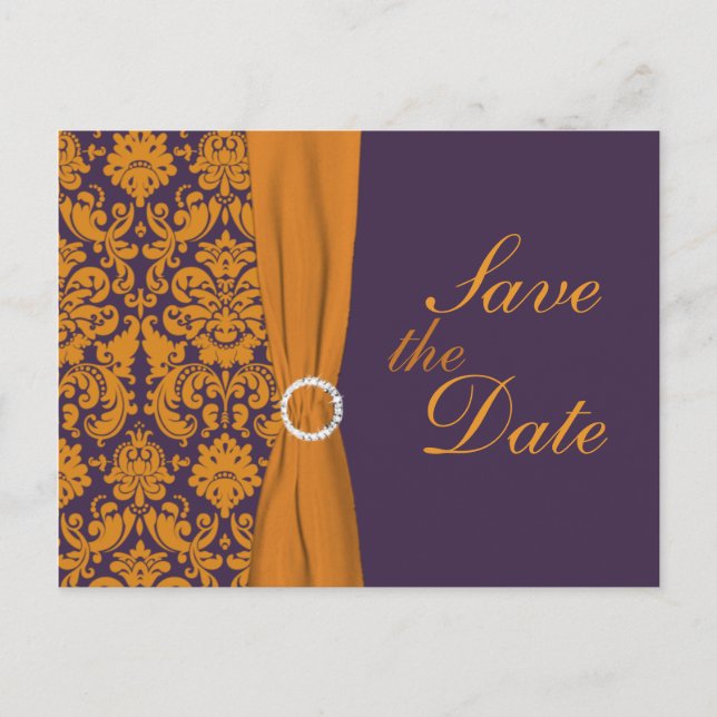 Purple and Orange Damask Save the Date Card (Front)