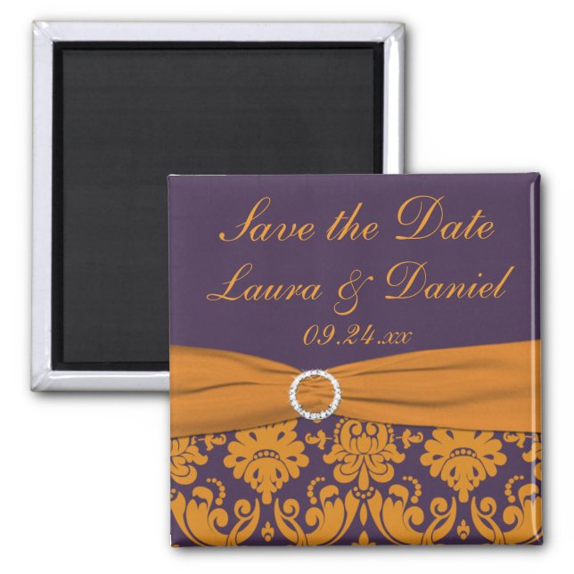 Purple and Orange Damask Save the Date Magnet (Front)