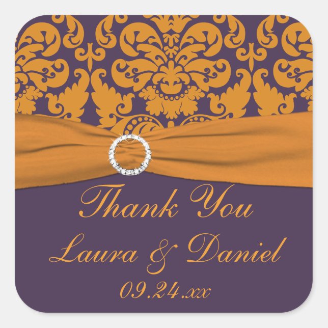 Purple and Orange Damask Wedding Favor Sticker (Front)