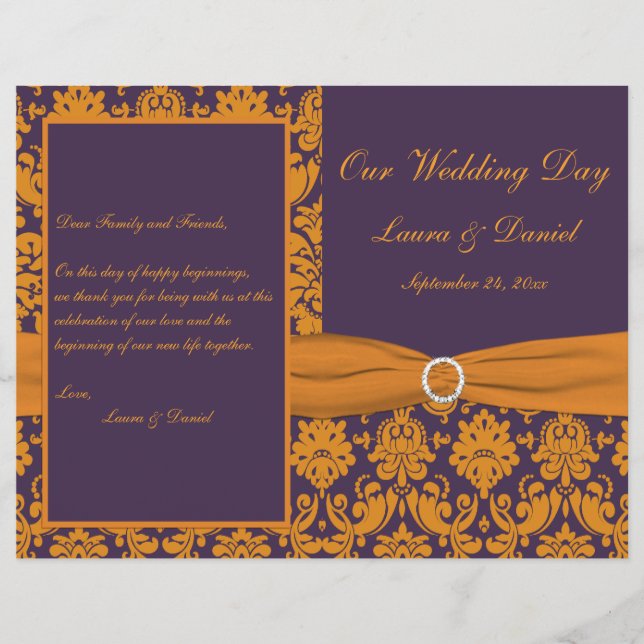 Purple and Orange Damask Wedding Program (Front)