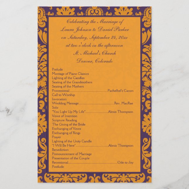 Purple and Orange Damask Wedding Program II (Front)
