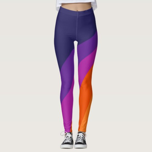 Purple and orange diagonal retro stripes leggings