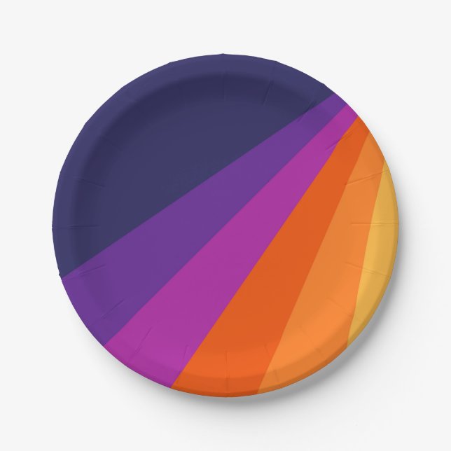 Purple and orange diagonal retro stripes paper plates (Front)