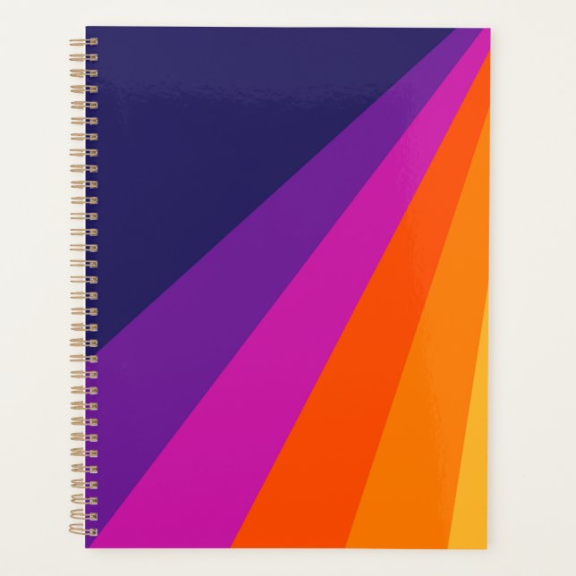 Purple and orange diagonal retro stripes planner (Front)