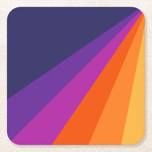 Purple and orange diagonal retro stripes square paper coaster (Front)
