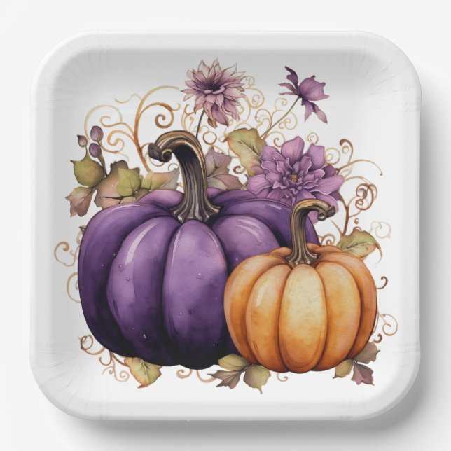 PURPLE AND ORANGE FALL AUTUMN PUMPKINS PAPER PLATES (Front)