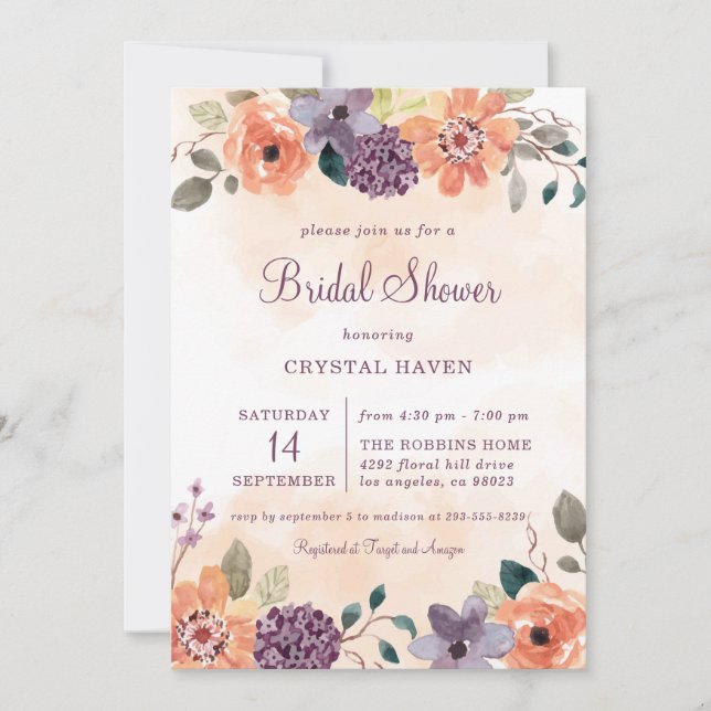 Purple and Orange Fall Floral Autumn Bridal Shower Invitation (Front)