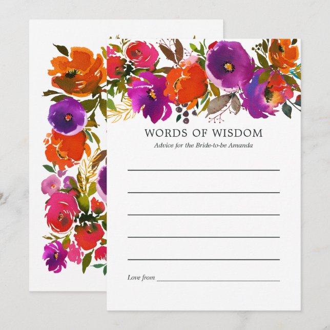 Purple and Orange Floral Bridal Shower Advice Card (Front/Back)