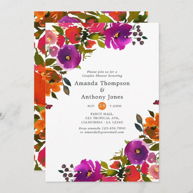 Purple and Orange Floral Couples Shower Invitation (Front/Back)