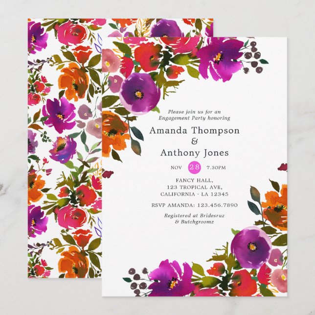 Purple and Orange Floral Engagement Party Invitation (Front/Back)