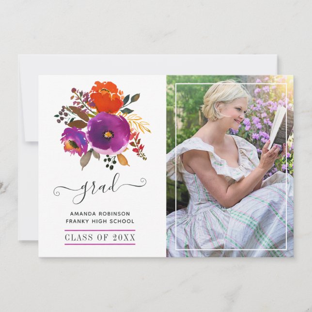 Purple and Orange Floral Graduation Photo Announcement (Front)