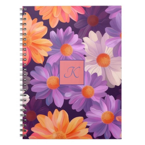 Purple and orange floral pattern with monogram  notebook