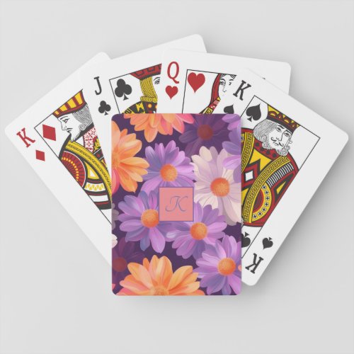 Purple and orange floral pattern with monogram  playing cards