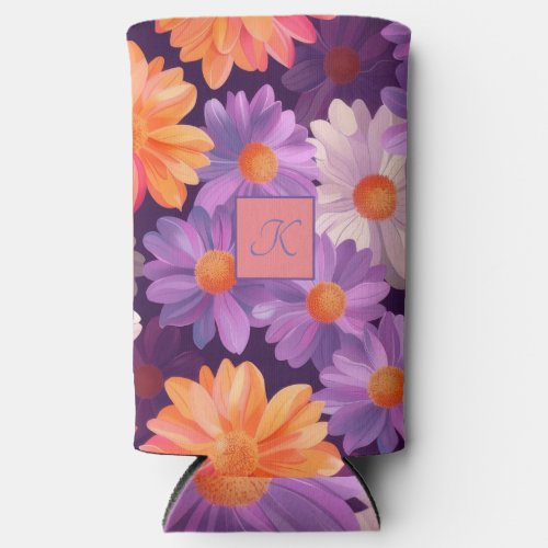Purple and orange floral pattern with monogram  seltzer can cooler