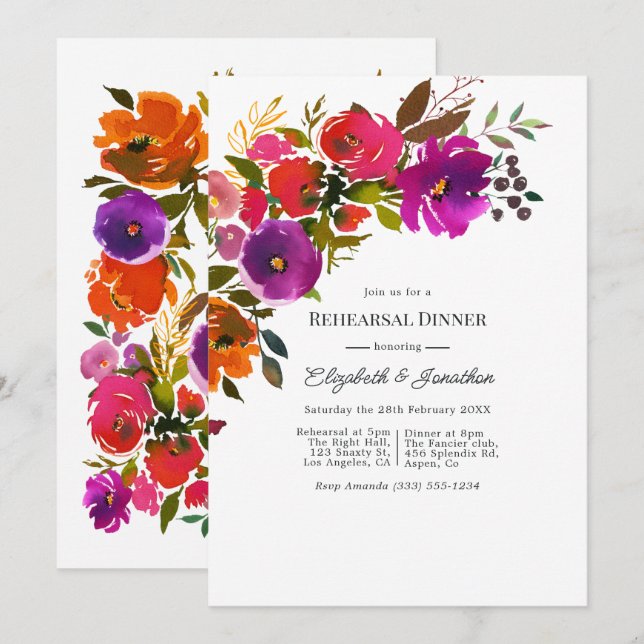 Purple and Orange Floral Rehearsal Dinner Invitation (Front/Back)