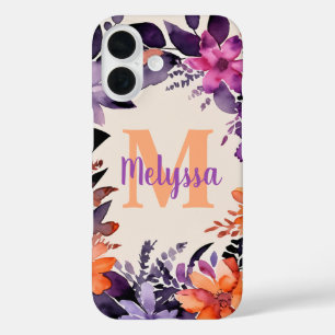 Purple and Orange Floral Watercolor Monogram Name iPhone 16 Case