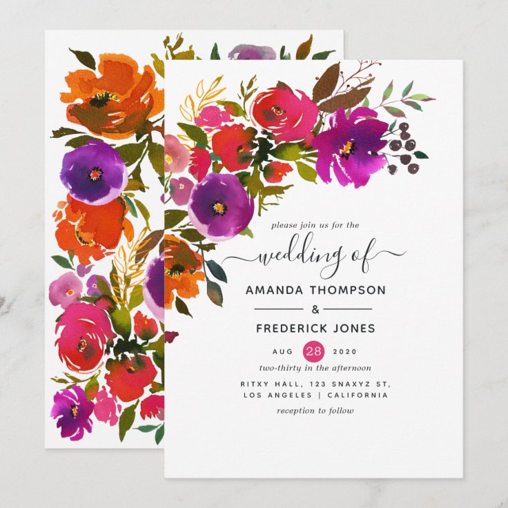 Purple and Orange Floral Wedding Invitation | Zazzle
