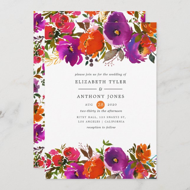 Purple and Orange Floral Wedding Invitation (Front/Back)