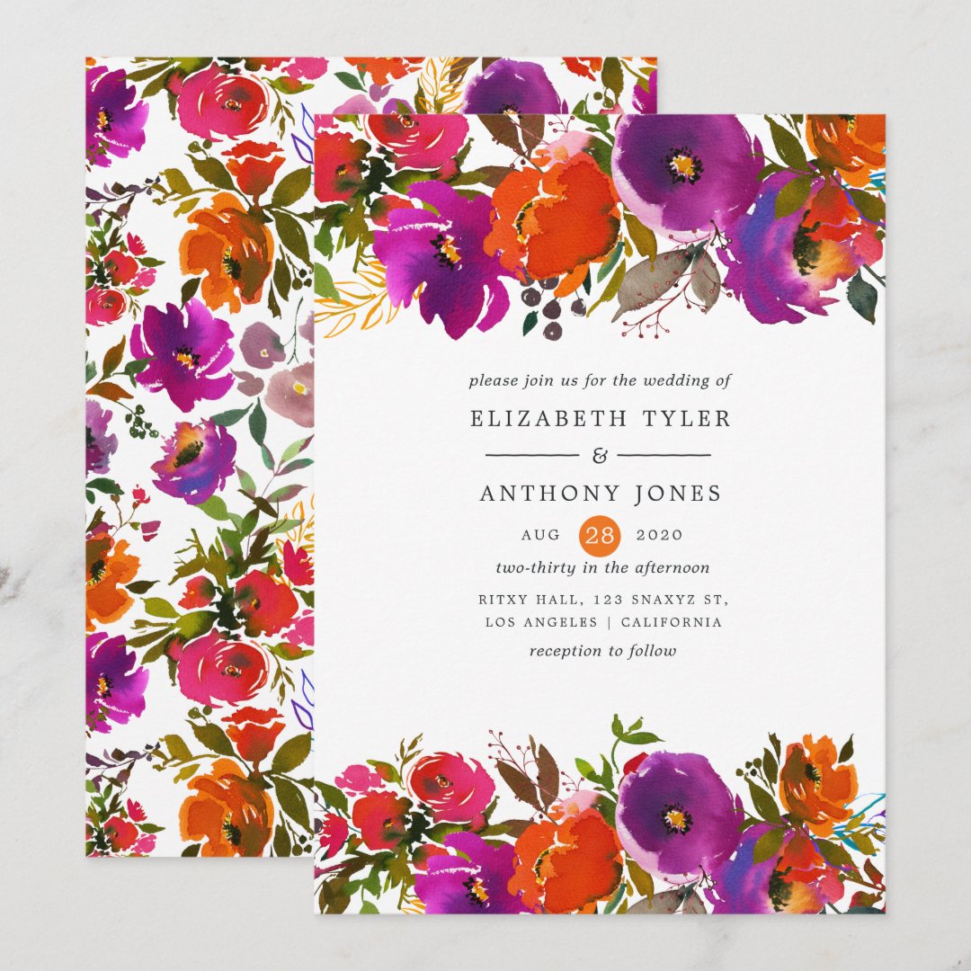 Purple and Orange Floral Wedding Invitation | Zazzle