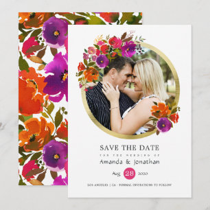 Purple and Orange Floral Wedding Photo Save The Date