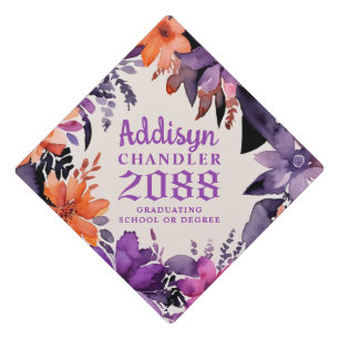 Purple and Orange Floral Wreath High School Colors Graduation Cap Topper