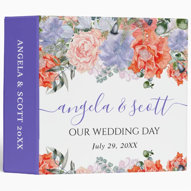 Purple and Orange Flowers Wedding Photo Album 3 Ring Binder (Front/Spine)