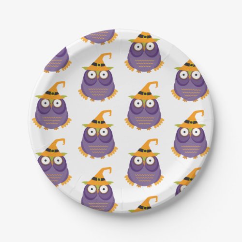 Purple and orange funny owl Halloween party Paper Plates
