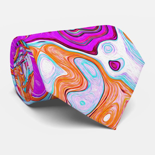 Purple and Orange Groovy Abstract Retro Swirl Neck Tie (Rolled)