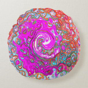 Purple and Orange Groovy Abstract Retro Swirl Round Pillow