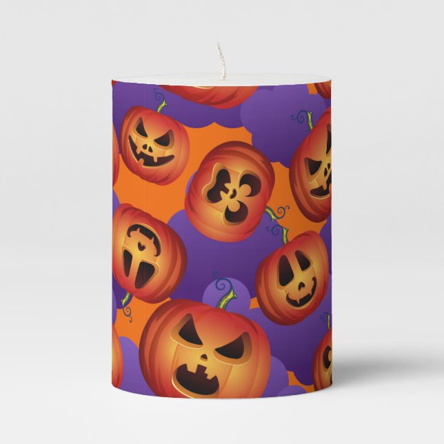 PURPLE AND ORANGE HALLOWEEN PUMPKINS PILLAR CANDLE (Front)