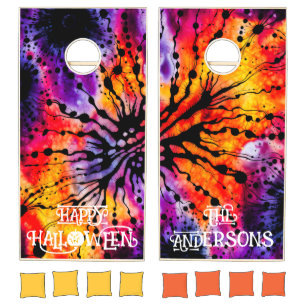 Purple and Orange Halloween Tie Dye Cornhole Set